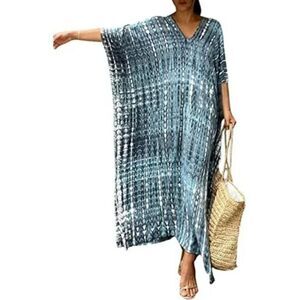 New Women Print Beach Kaftan Bathing Suit Cover Ups, blue Grey